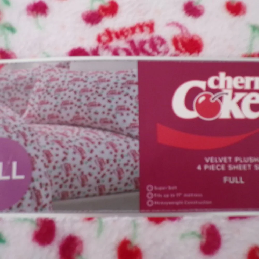 Coca-Cola Cherry Coke FULL Bed Plush Sheet Set Red White Soda Logo NWT NEW